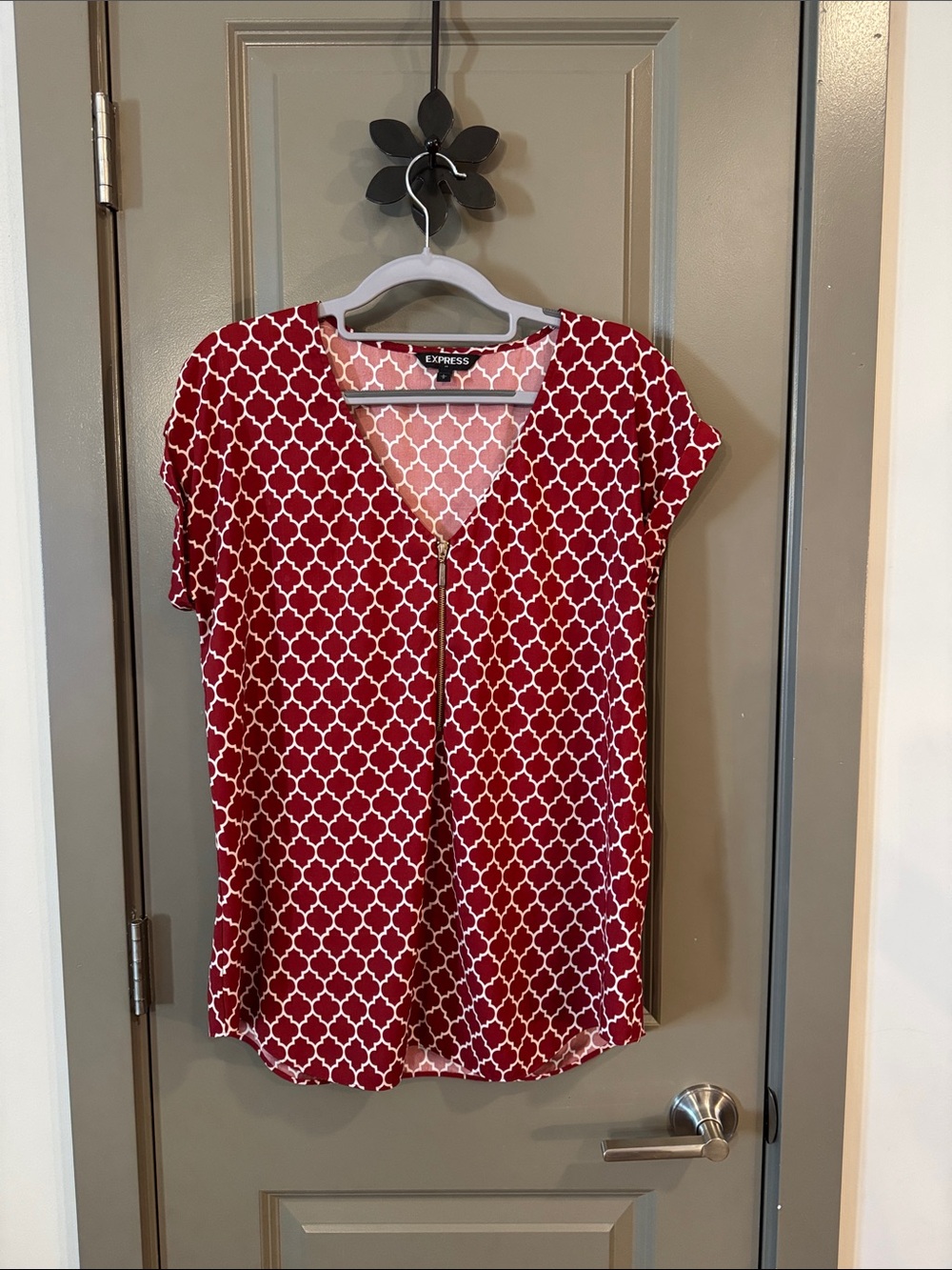 Express Red and White Geometric Zip-Front Blouse